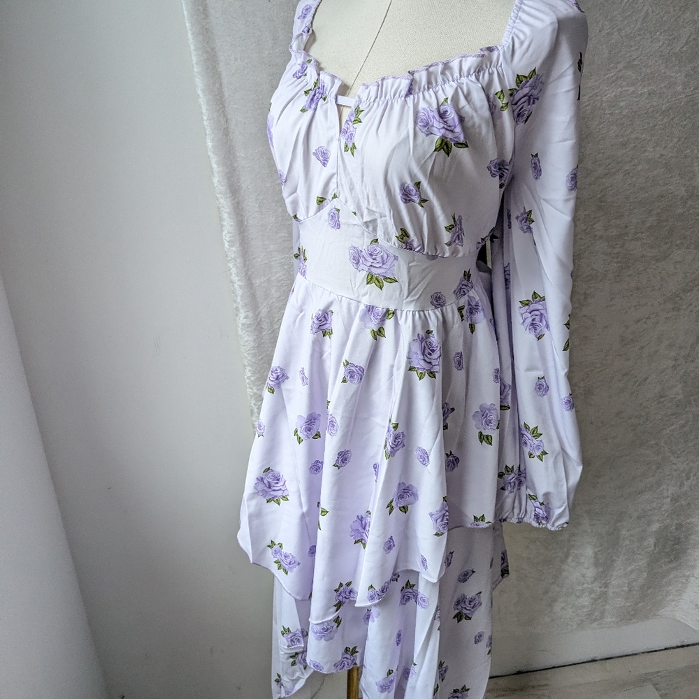 Lilac And Lavender Purple Baby Doll Long Sleeve Roses Dress Handkerchief Hem